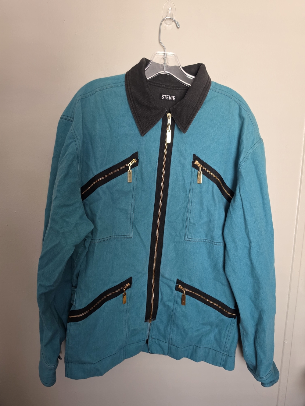 Vintage STEVIE Teal Blue Multi Zip Utility Jacket Y2K Moto Workwear Unisex